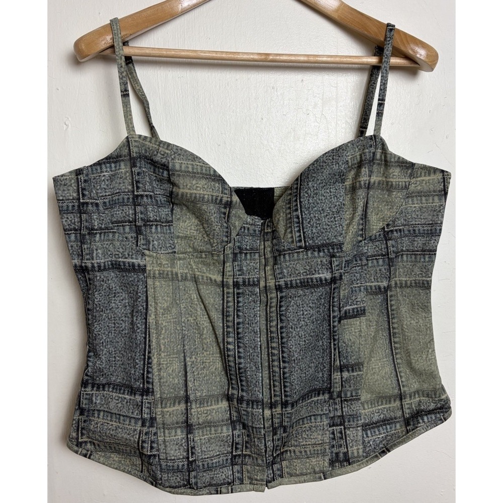 I Am Gia Juno Denim Print Hook & Eye Tank Corset Top Size XL